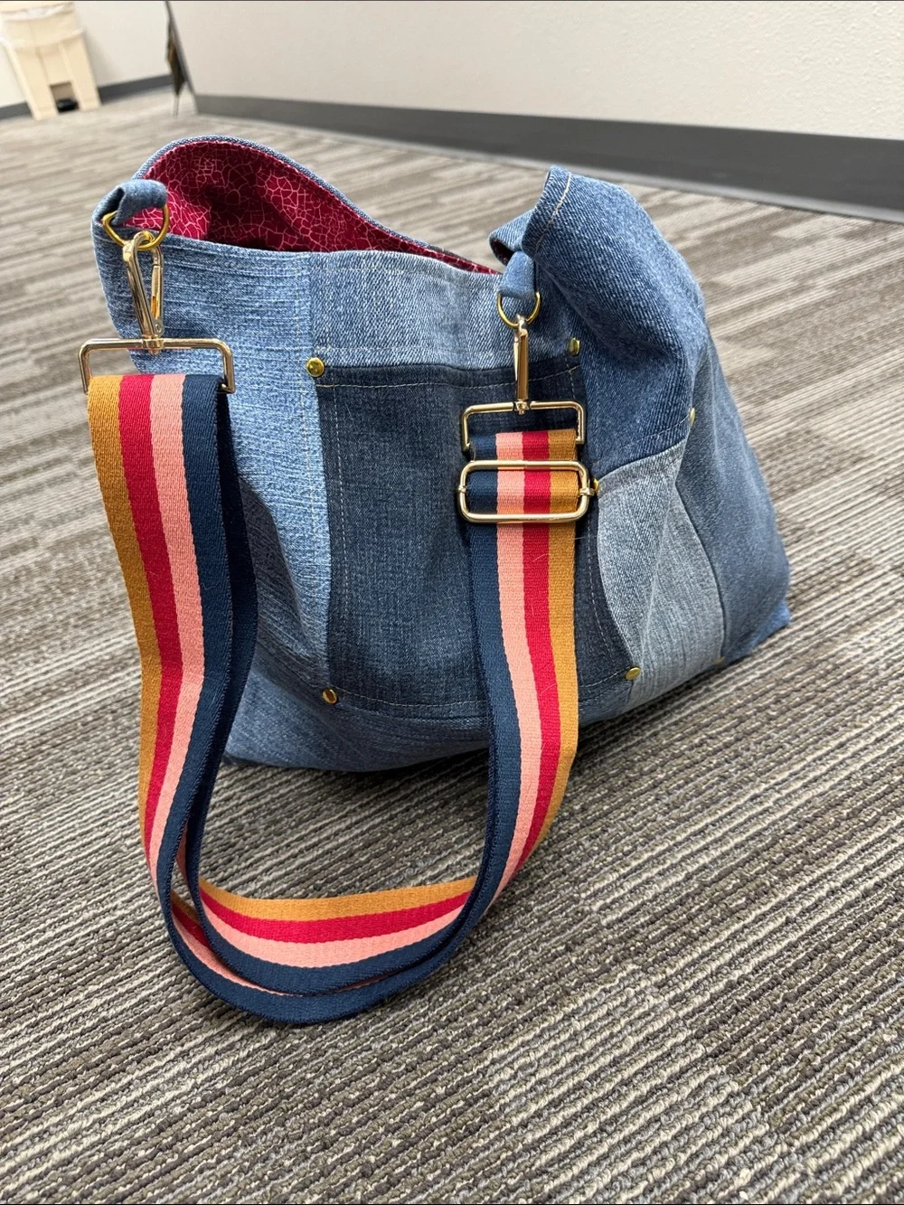 NWOT Denim Patchwork Hobo Bag with Striped Strap - Blue and Red - Picture 4 of 7